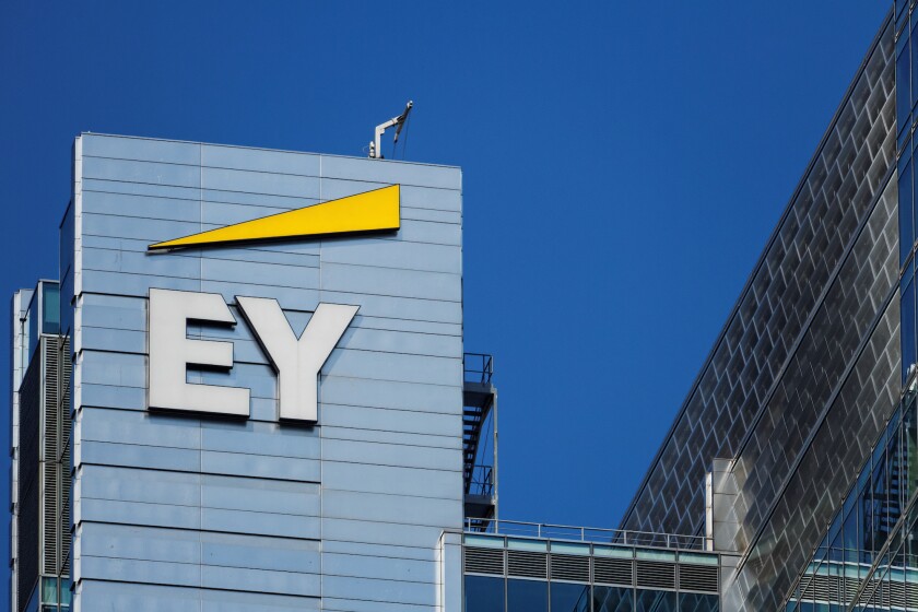 Warsaw/Poland, April 8, 2018: View on EY (formerly Ernst&Young) logo on headquarters