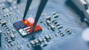 Flag of USA and China on a processor, CPU or GPU microchip on a 