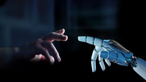 White cyborg finger about to touch human finger 3D rendering