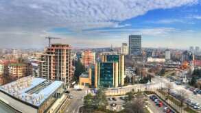 Aerial view over urban skyline and  industrial sites under construction in Sofia, capital of Bulgaria