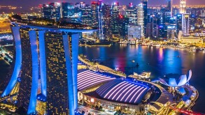 Aerial top view Singapore city skyline.