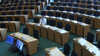 Commissioner Thierry Breton addresses the European Parliament's JURI committee by video conference.   