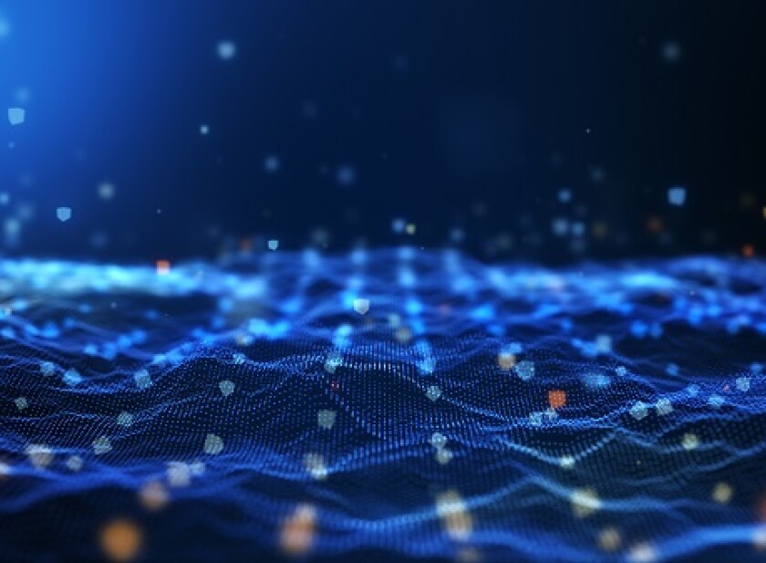 Glow blue digital landscape with cube particle. Crypto currency,
