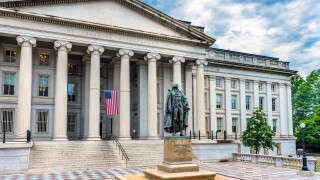 Albert Gallatin Statue US Flag US Treasury Department Washington