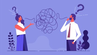 Problems in communication concept, misunderstanding create confusion in work, miscommunicate unclear message and information, businessman and woman have troubles with understanding each other