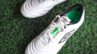 Thailand - 26 September 2023 : Umbro sport brand is release the new football shoe "Tocco III" which is design for control and touch performance which is made from soft leather. Close-up.