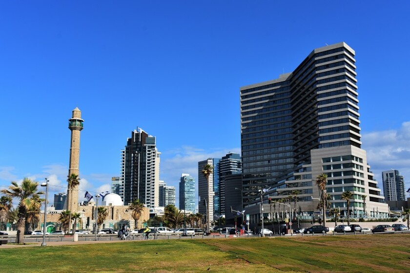 Modern buildings on Mediterranean sea coast, Netanya, Israel.