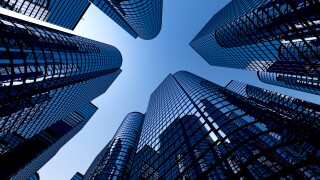 Reflective skyscrapers, business office buildings.