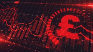 Stock market Pound trading graph in red color as economy 3D illustration background. Trading trends and economic statistics.