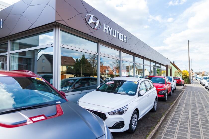 NUREMBERG / GERMANY - APRIL 7, 2019: Hyundai logo on a Hyundai car dealer in Nuremberg. The Hyundai Motor Company is a South Korean multinational automotive manufacturer headquartered in Seoul.