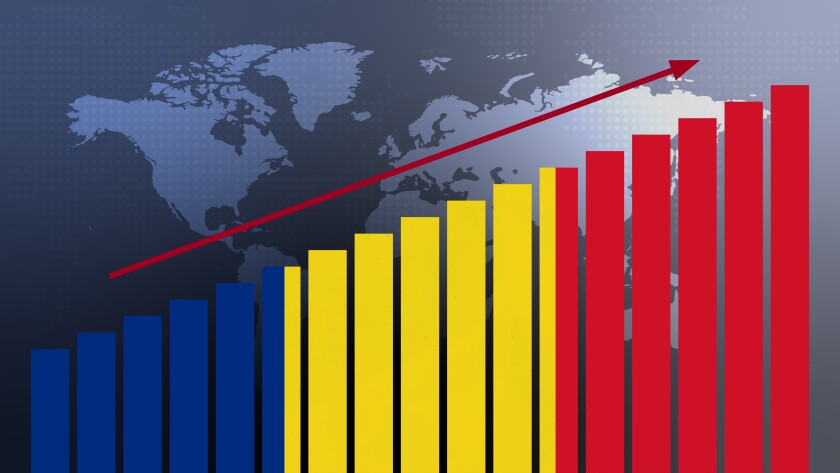 Romania flag on bar chart concept with increasing values, economic recovery and business improving after crisis and other catastrophe as economy and businesses reopen again