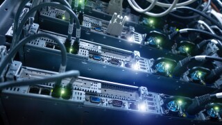 Big High Tech Server Data Center. Web Network and Internet Telecommunication Technology.