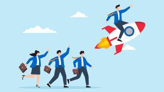 Flat illustration of business leader pointing direction riding rocket guiding team success innovation startup boost partnership productivity