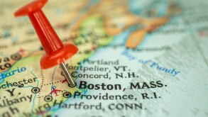 Location Boston city in Massachusetts, map with red push pin pointing close-up, USA, United States of America