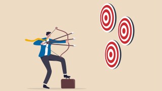 Multitasking or multiple purpose strategy, aiming for many targets or goal, skillful professional to achieve success in work and career concept, businessman aiming multiple bows on three targets.