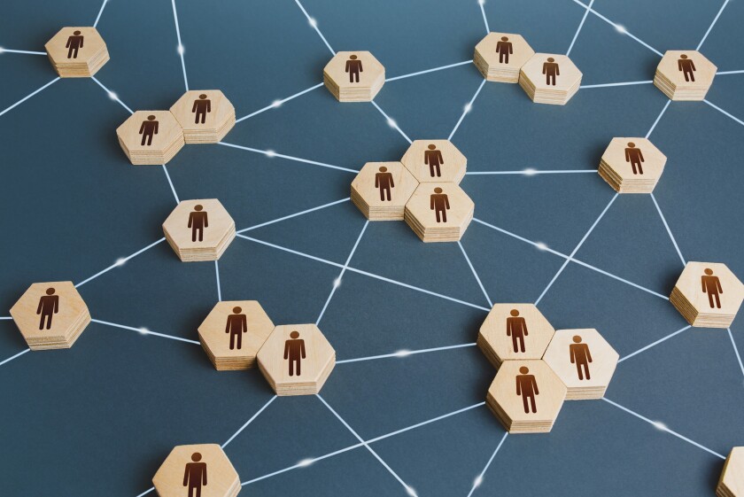 Network of interconnected people. Interactions between employees and working groups. Social business connections. Networking communication. Decentralized hierarchical system of company. Organization