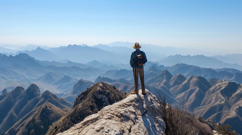 Lone traveler on mountain peak