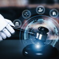 AI related law concept shown by savvy robot hand using lawyer working tools