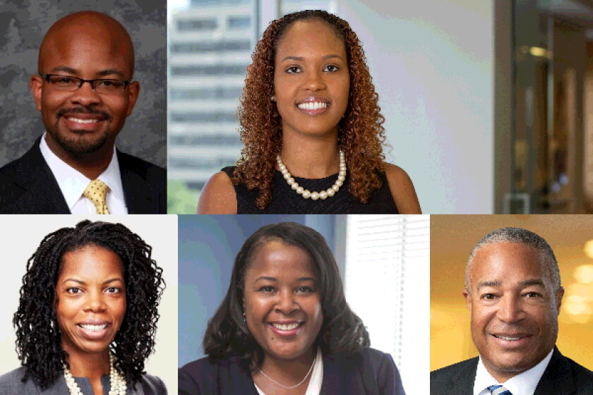 Clockwise from top left: Jade Laye at Haynes and Boone, Karina Calliste at Fish & Richardson, Mareesa Frederick at Finnegan, Eldora Ellison at Sterne Kessler, Mark Whitaker at Morrison & Foerster