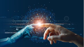 AI, Machine learning, Hands of robot and human touching on big d