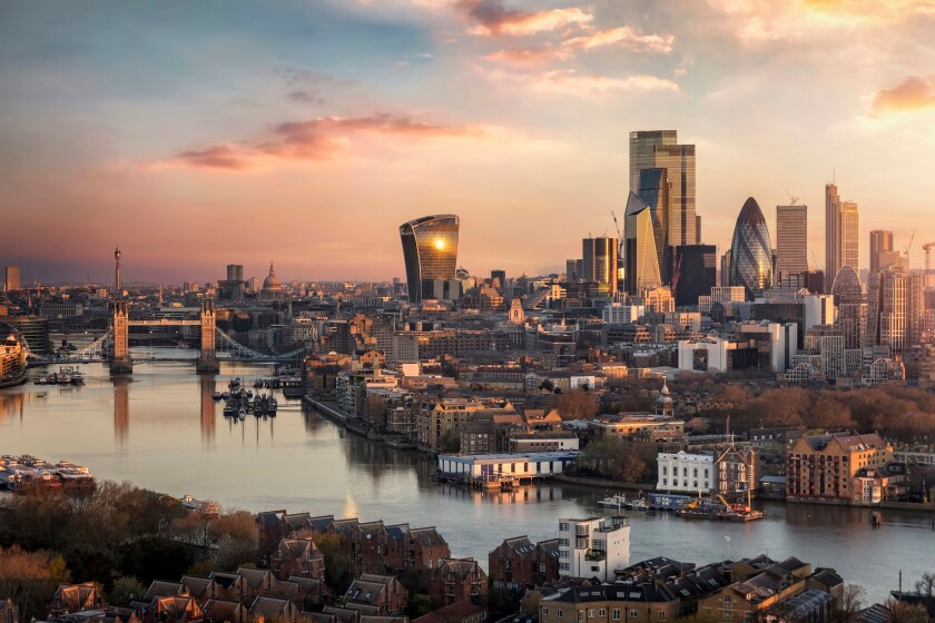 The skyline of London city with Tower Bridge and financial distr