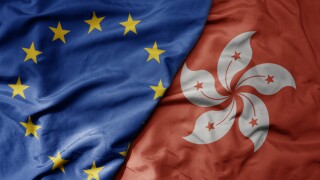big waving realistic national colorful flag of european union and national flag of hong kong .