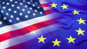Flags of the USA and the European Union. American Flag and EU Flag. Flag inside stars. World flag concept