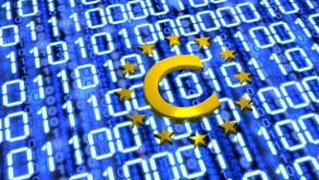 EU Copyright sumbol on blue digital glowing floor