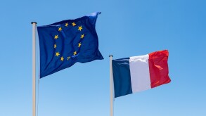 French and European Union (EU) Flag. Waving flags of France and 