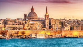Valletta, Malta: skyline from Marsans Harbour at sunset