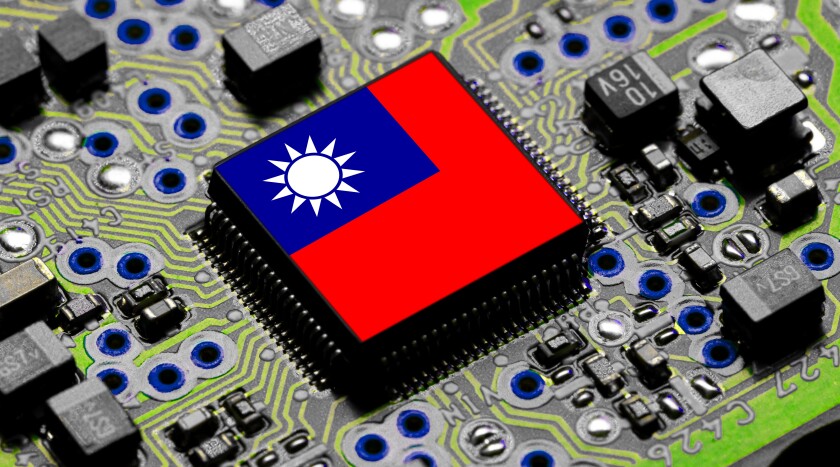Taiwanese National Flag overlaid on PC micro chip on integrated circuit
