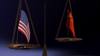 Flags of China and the USA on the bowls of the balance scales on a blue background. 3d rendering