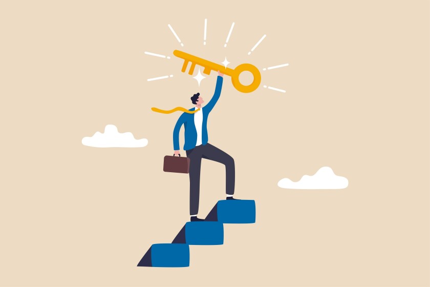 Key to business success, stairway to find secret key or achieve