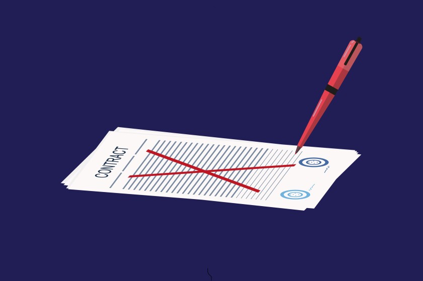 The contract has been crossed out with a red pen. Vector illustration.The concept of termination old, refusal contract. Failed deal. Violation of conditions commercial agreement. Expired treaty.