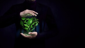 ESG Concept. Green Leaf as Heart Shape Protected by Gentle Gestu