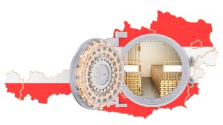 Golden reserves of Austria concept, banking vault with gold bars. 3D rendering