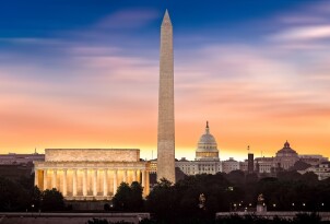Dawn over Washington - with 3 iconic monuments illuminated at su