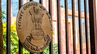 Emblem of High Court of Delhi on the entrance gate. High court is the highest courts of appellate jurisdiction