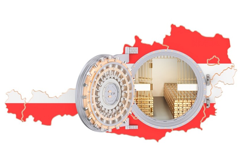 Golden reserves of Austria concept, banking vault with gold bars. 3D rendering