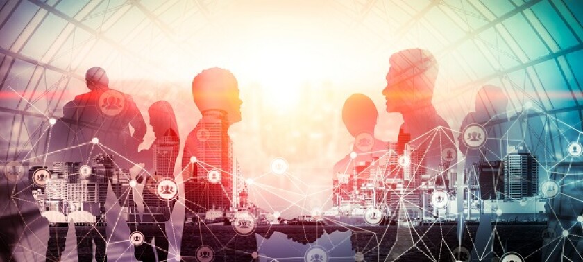 Creative image of many business people conference group meeting on city office building background showing partnership success of business deal. Concept of teamwork, trust and agreement.