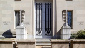 Washington D.C., USA - February 29, 2020: A door of United States Department of Justice(DOJ) on its headquarters building in Washington, D.C. USA.