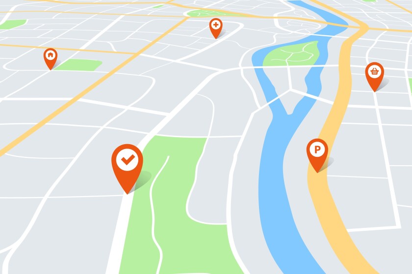 City map with pins. Color cartography town plan in perspective with red navigation pointers on route. Urban tourism vector concept