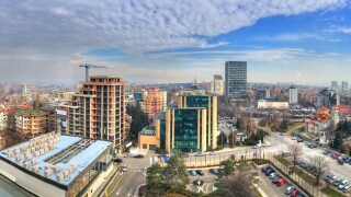 Aerial view over urban skyline and  industrial sites under construction in Sofia, capital of Bulgaria
