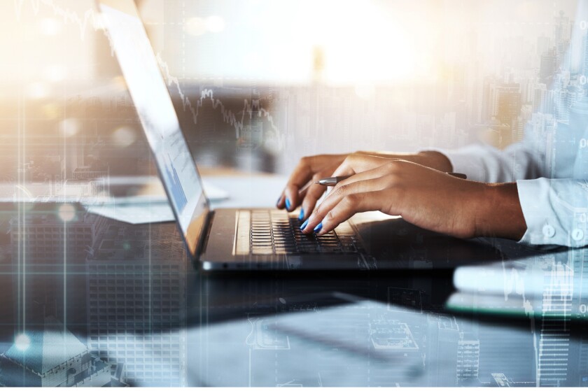 Laptop, overlay or hands trading cryptocurrency on stock market or global forex website with a financial strategy. Finance, hologram or black woman trader typing on database for future ai analytics