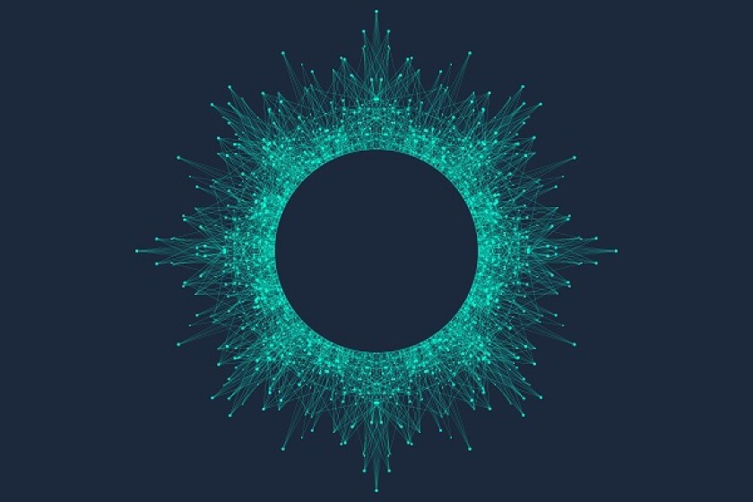Quantum computer technology concept. Sphere explosion background. Deep learning artificial intelligence. Big data algorithms visualization. Waves flow. Quantum explosion, vector illustration.