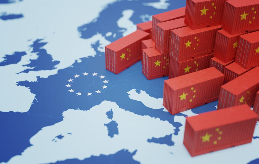 Chinese cargo containers on map of Europe. Import of chenese goods concept. 3D rendered illustration.