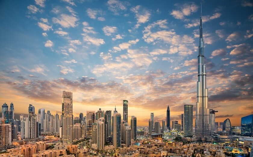 Amazing panoramic view on Dubai futuristic skyline, United Arab Emirates