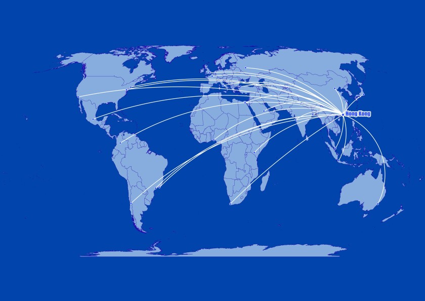 Hong Kong-Hong Kong S.A.R. on blue background,connections of Hong Kong-Hong Kong S.A.R. to other major cities around the world.