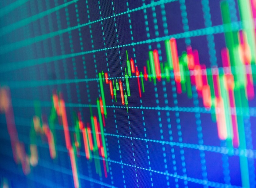 Business analysis diagram. Stock exchange graph. Blue background with stock chart. Market report on blue background. Data on live computer screen.