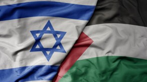 big waving realistic national colorful flag of israel and national flag of palestine .